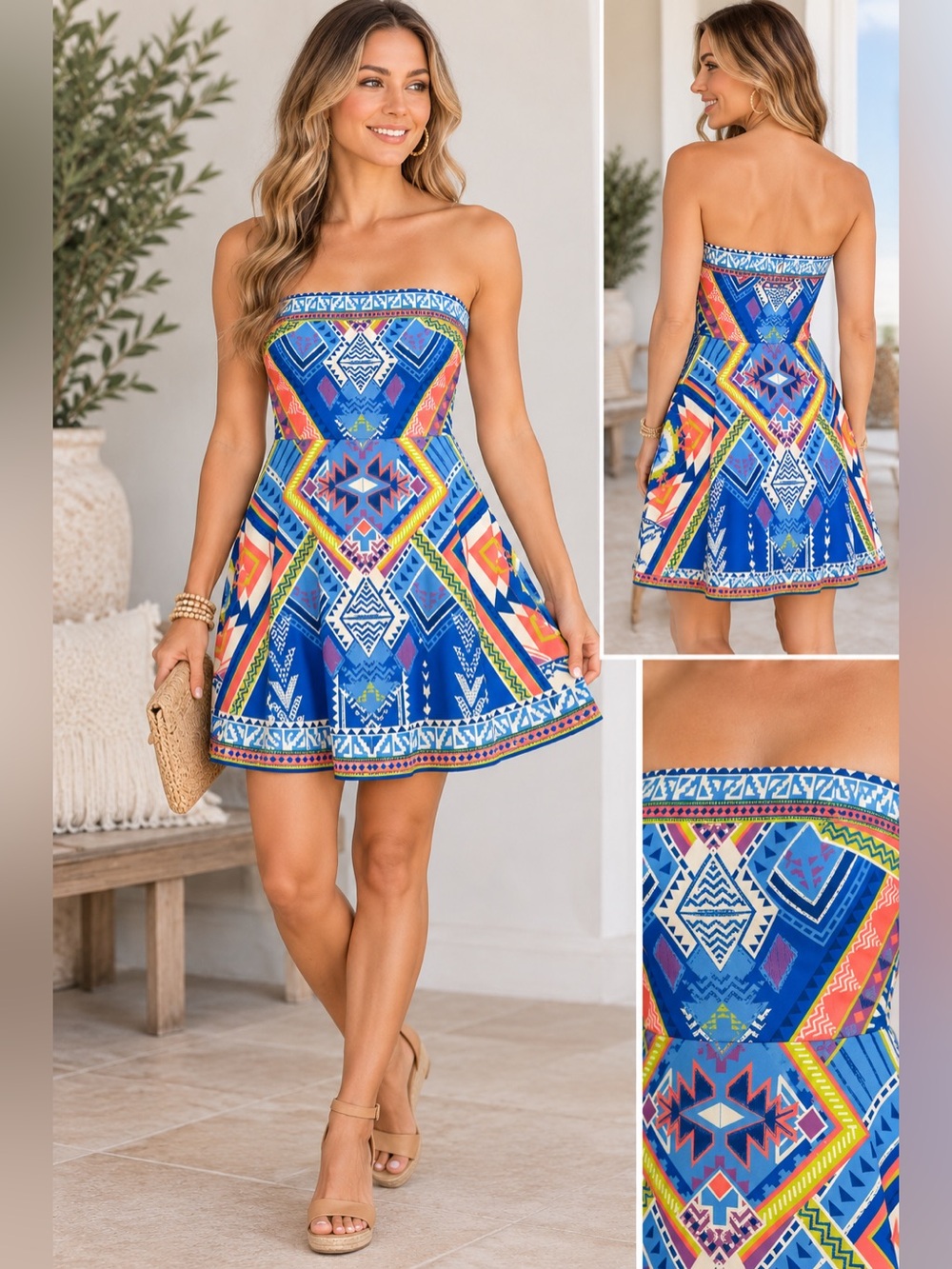 Flying Tomato Multicolor Tribal Aztec Print Strapless MIDI Sundress Size Medium